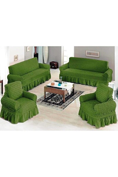 UYİNTİL Πράσινο βαμβακερό κάλυμμα καναπέ - 3+2+1+1 με φούστα