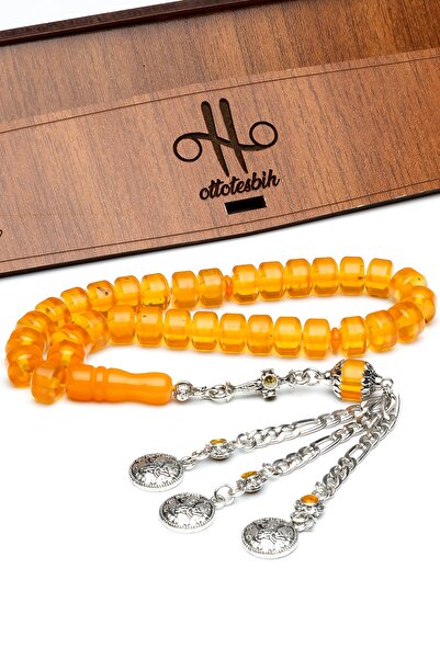 OTTOTESBİH Χάλεπ Τσόχαρο 7x10mm σε κίτρινες αποχρώσεις φωτιάς, μήκους καρπού, σε σκόνη κεχριμπαρένιο ροζάριο