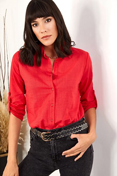 Olalook Kadın Kırmızı Kol Katlamalı Keten Gömlek