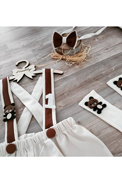 Feriatolye Ayıcık Konsepti Bej Kahverengi Erkek Bebek Salopet Takımı