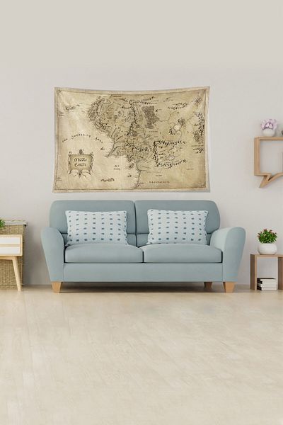 Latibule Beige Middle Earth Middle World Map Stain Resistant Velvet Fabric Wall Cloth Wall Carpet Tapestry