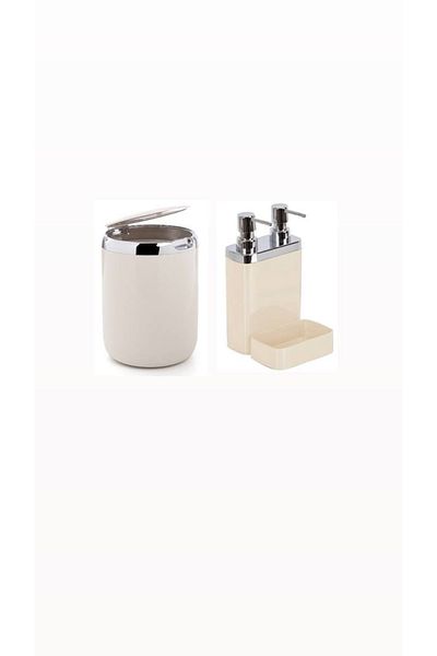 Ansan Primanova Viva 2-Headed Liquid Soap Dispenser with Sponge Holder and Dustbin Kitchen Set Beige