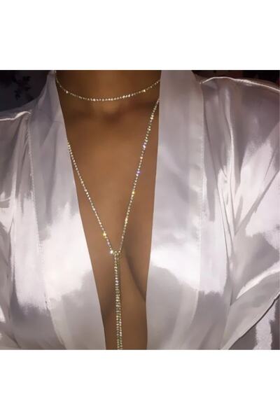 TakıConcept Su Yolu Uzun Saçaklı Çift Sıra Taşlı Kolye Abiye Kolye