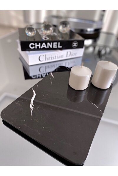 MIARIK DESIGN & DEKORASYON Dekoratif Siyah Mermer Dikdörtgen Sunum Tepsısı Se...