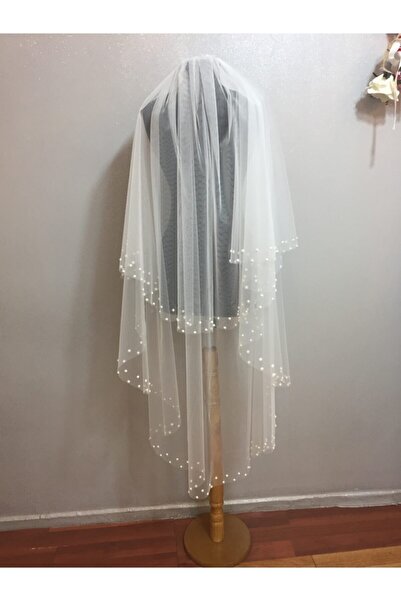 SCKN Aksesuar Off White Tulle Veil with Pearl Detail on the Edges