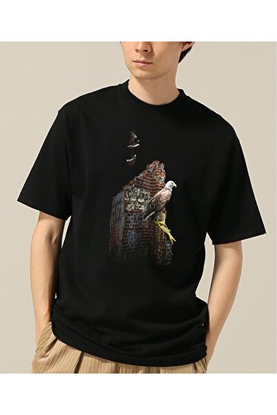 Raf Coll Unisex Oversize kroj crna T-shirt orao prednja Digitalna štampa pake...