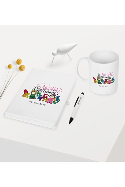 Bk Gift Kişiye Özel Anaokulu Öğretmeni Temalı Beyaz Defter Kalem Kupa Seti - 4
