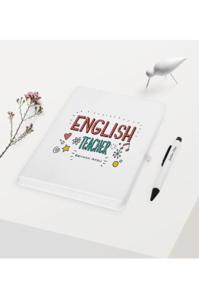 Bk Gift Kişiye Özel Ingilizce Öğretmeni Temalı Beyaz Defter Kalem Hediye Seti - 5