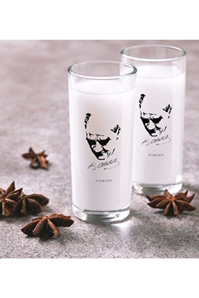 BK Kişiye Özel Renkli Baskılı Atatürk Temalı Ikili Rakı Bardağı Seti-25