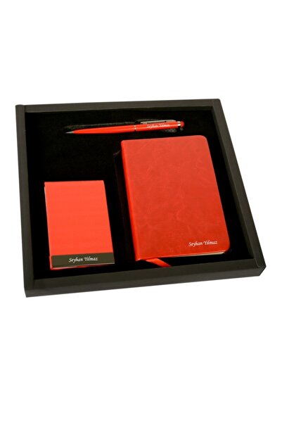 Bk Gift Kişiye Özel 336 Kırmızı Defter Kalem Kartvizitlik Set