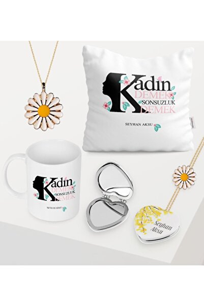 Bk Gift Kadınlar Gününe Özel Kupa Çiçekli Ayna Yastık Papatya Kolye Bileklik ...