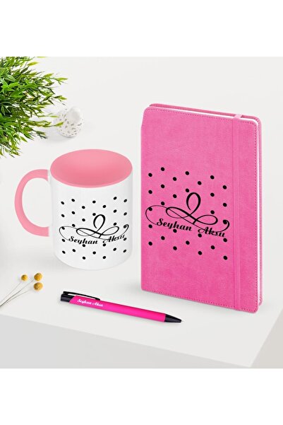 Bk Gift Kişiye Özel Isimli Pembe Defter Kalem Kupa Seti -4