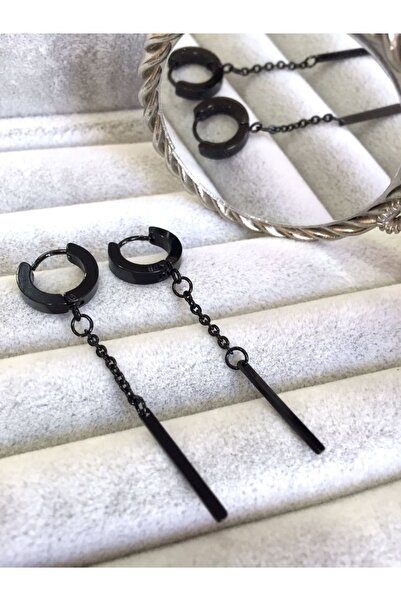 oldskoolbutik Çubuk Sallantılı Siyah Çelik Küpe Seti