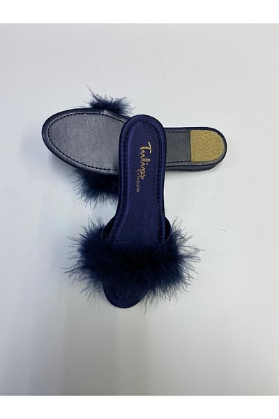 KARAOĞLU TEKSTİL Feathered Bridal Slippers Dowry Navy Blue Women's Slippers