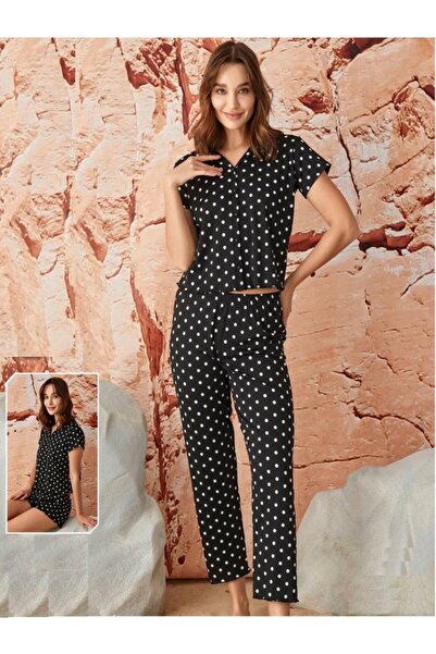 ARCAN Set pijamale 3 piese cu buline negre pentru femei