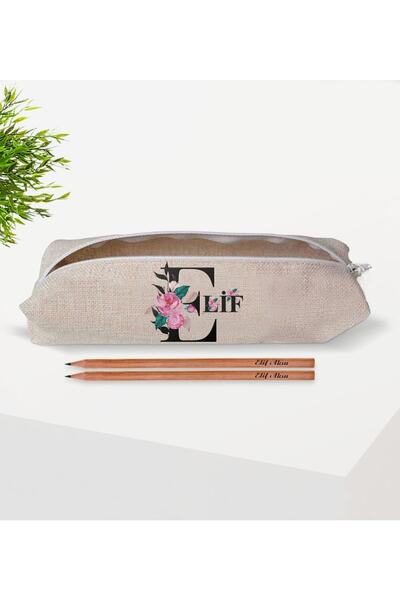 Bk Gift Kişiye Özel Isimli Harfli Keten Bez Kalemlik Ve Isimli Ahşap Kurşun Kalem Hediye Seti-1