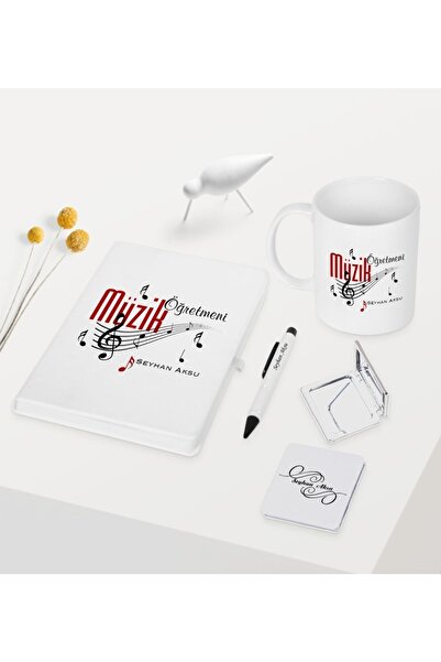 Bk Gift Kişiye Özel Müzik Öğretmeni Temalı Beyaz Defter Kalem Kupa Ayna Seti