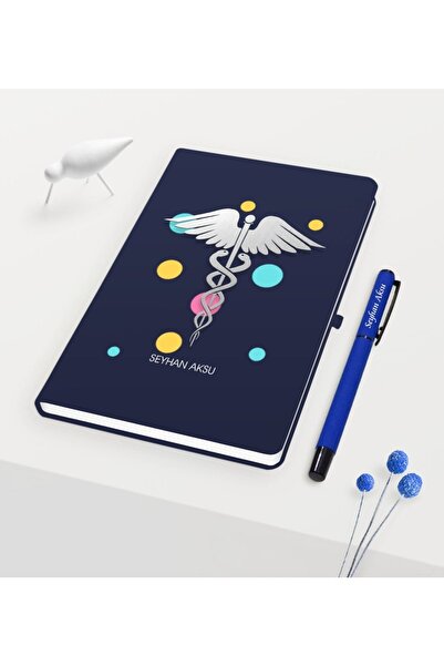 Bk Gift Kişiye Özel Tıp Sembolü Temalı Lacivert Defter Kalem Seti - 1