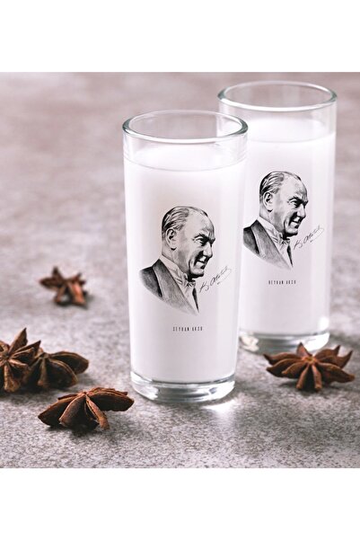 BK Kişiye Özel Renkli Baskılı Atatürk Temalı Ikili Rakı Bardağı Seti-10