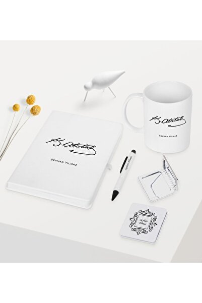 Bk Gift Kişiye Özel Atatürk Temalı Beyaz Defter Kalem Kupa Ayna Seti - 6