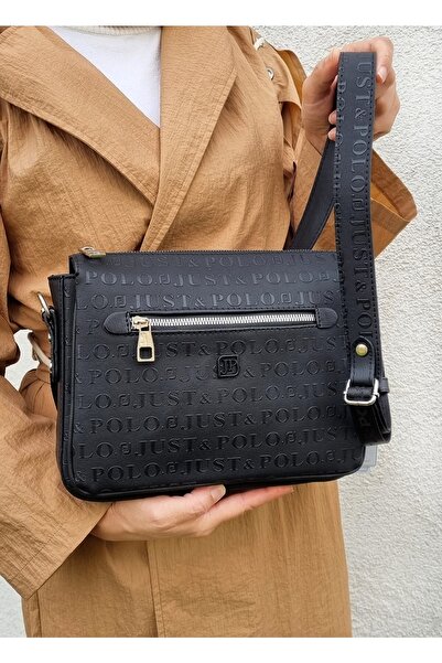 Just Polo حقيبة كتف وحقيبة كروس نسائية باللون الأسود مكونة من 6 أقسام