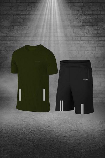 POSEIDON STORM تي شيرت رجالي كاكي Dri-fit من القماش برقبة دائرية وأكمام قصيرة كاجوال مريح مع شورت سفلي وبدلة رياضية علوية (s-3xl