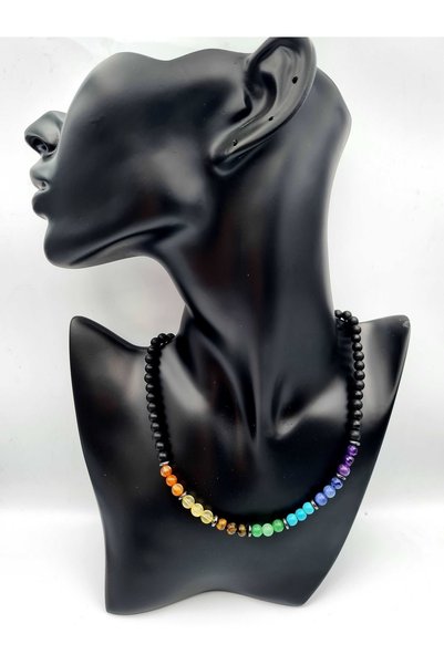 GÜMÜŞTEL EL SANATLARI Certified Natural Stone 7 Chakra Onyx Hematite Stone Design Necklace