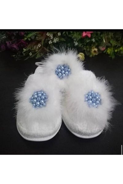 Lohussa White Blue Stoned Maternity Crown Slippers Set