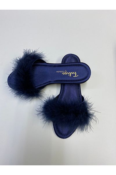 KARAOĞLU TEKSTİL Feathered Bridal Slippers Dowry Navy Blue Women's Slippers