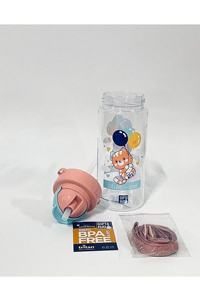 Gıpta Pastel Pink Blue-me Tritan Patterned Flask with Straw 500 Ml