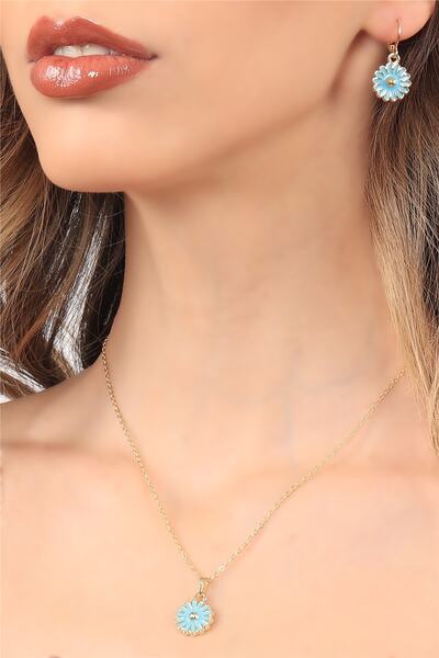 LABALABA Kadın Altın Renk Kaplama Turkuaz Renk Mineli Papatya Model Ince Zincir Kolye & Küpe Set