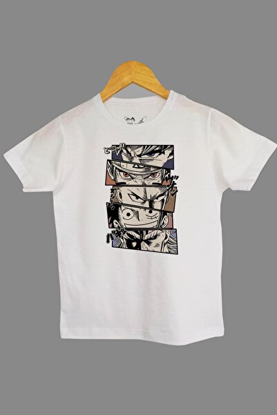 Raf Coll تي شيرت محبوك أبيض للأطفال بطبعة رقمية من الرسوم المتحركة ناروتو