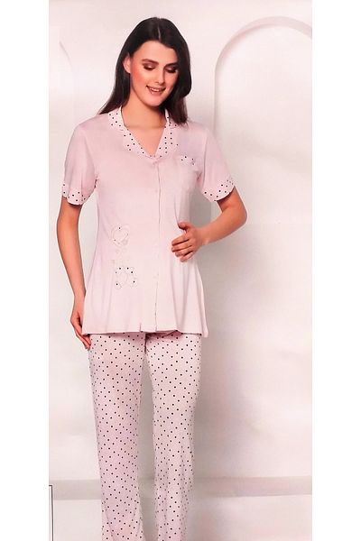 FLZ Set pijama cu mânecă scurtă, cu nasturi în față, roz