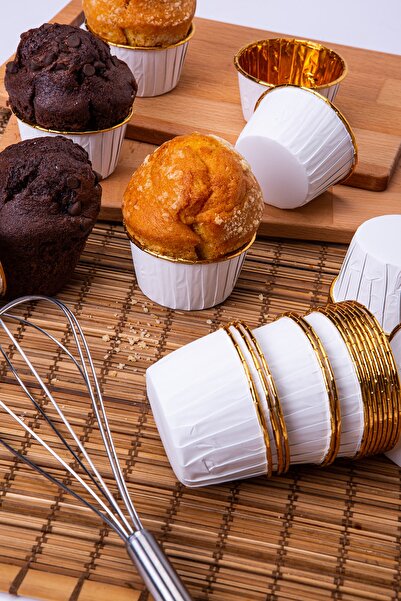 Huzur Party Store White Glossy Cardboard 25-Piece Cake Mold Gold Coated Edge Does Not Scatter in the Oven 6.5x4 Cm Muffin Cupcake