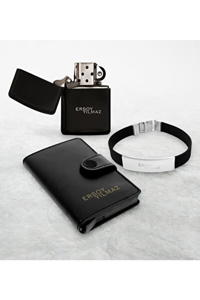 Bk Gift Kişiye Özel Bileklik Benzinli Çakmak Ve Mekanizmalı Cüzdan Kartlık Seti