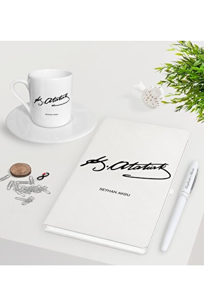 Bk Gift Kişiye Özel Atatürk Imzalı Beyaz Defter Kalem Türk Kahvesi Fincanı Se...