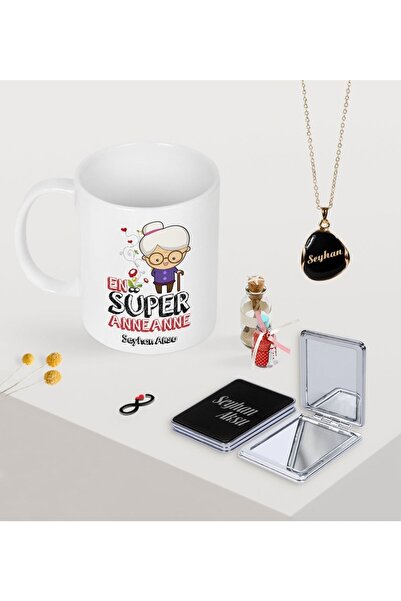 BK Kişiye Özel En Süper Anneanne Kupa Ayna Ve Siyah Mineli Kolye Seti