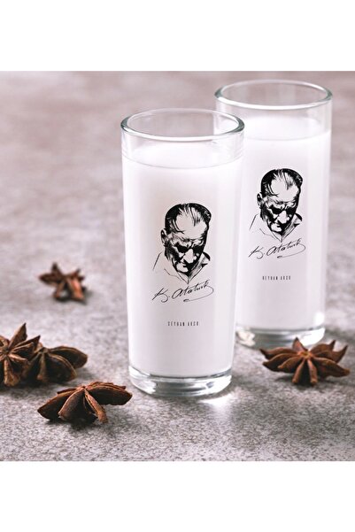 BK Kişiye Özel Renkli Baskılı Atatürk Temalı Ikili Rakı Bardağı Seti-28