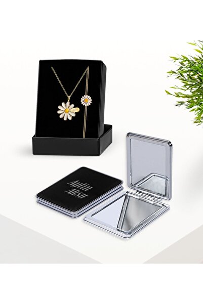 BK Kişiye Özel Isimli Papatya Kolye Bileklik Ve Siyah Dikdörtgen Ayna Set