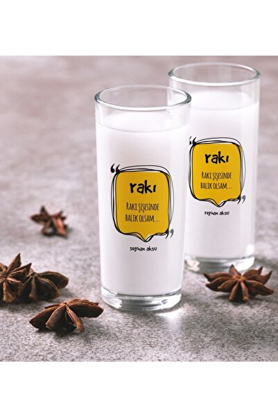BK Kişiye Özel Renkli Baskılı Rakı Şişesinde Balık Olsam Ikili Rakı Bardağı Seti