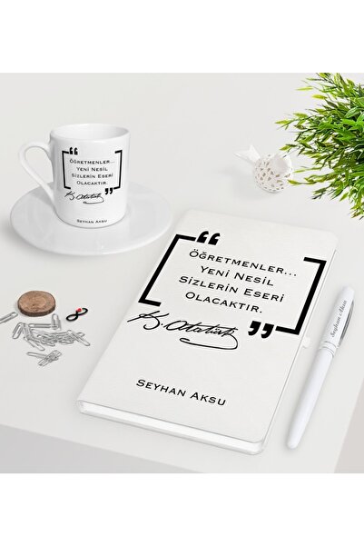 Bk Gift Kişiye Özel Atatürk Öğretmen Beyaz Defter Kalem Türk Kahvesi Fincanı ...