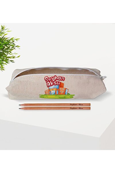 Bk Gift Çocuklara Özel Isimli Keten Okul Kalemliği Ve Ahşap Kurşun Kalem Hedi...