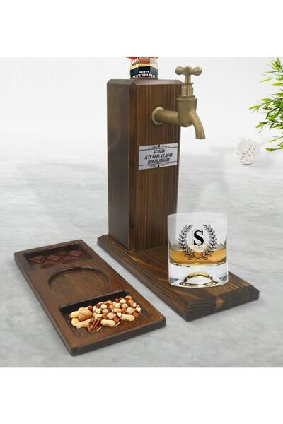 Bk Gift Kişiye Özel Isimli Viski Bardağı & Musluklu Doğal Ahşap Içki Standı & Masif Ahşap Dikdörtgen Sunum T