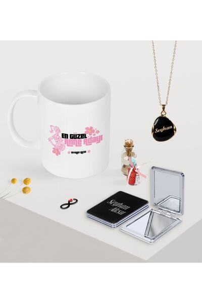 BK Kişiye Özel En Güzel Anne Adayı Kupa Ayna Ve Siyah Mineli Kolye Seti-3