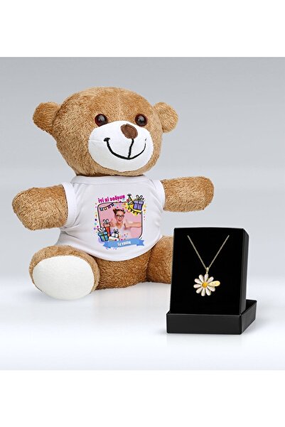 BK Kişiye Özel Isimli Papatya Kolye Ve Fotoğraflı Doğum Günü Peluş Ayıcık Hed...