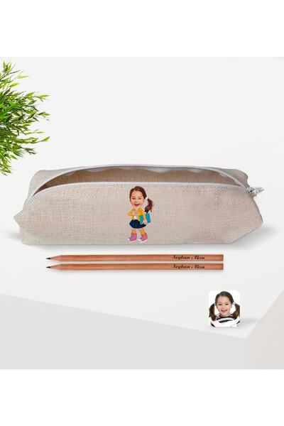 Bk Gift Çocuklara Özel Kız Ilkokul Öğrenci Karikatürlü Keten Okul Kalemliği Ve Isimli Ahşap Kurşun Kalem Hed