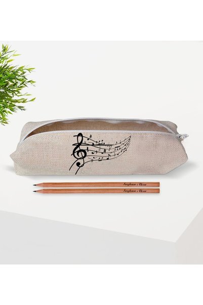 Bk Gift Kişiye Özel Müzik Notaları Tasarımlı Keten Bez Kalemlik Ve Isimli Ahş...