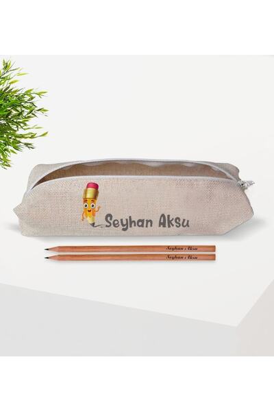 Bk Gift Çocuklara Özel Isimli Keten Okul Kalemliği Ve Ahşap Kurşun Kalem Hediye Seti-2