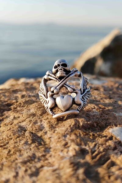 TREND COLLECTİON Iskelet Kalpli Kurukafa Gümüş Kaplama Ayarlanabilir Yüzük