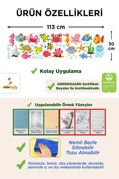 Sticker Sepetim Sevimli Deniz Canlıları Balık, Yengeç, Ahtapot Duşa Kabin Banyo Duvar Sticker Duvar Dekoru